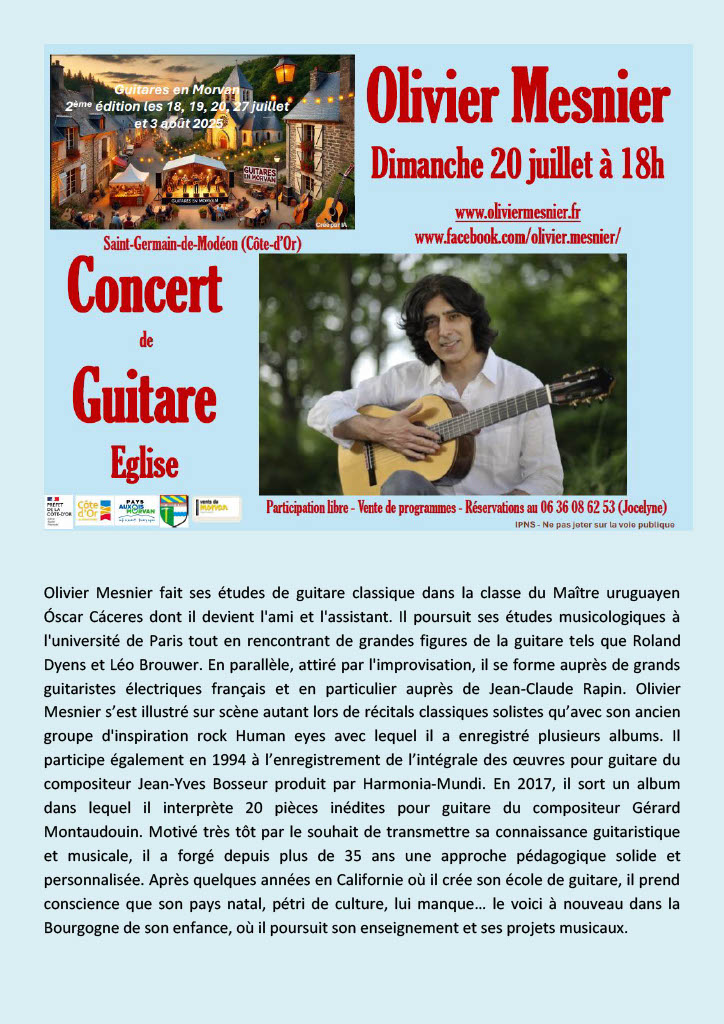 Présentation du concert d'Olivier Mesnier du 20 juillet à 18h